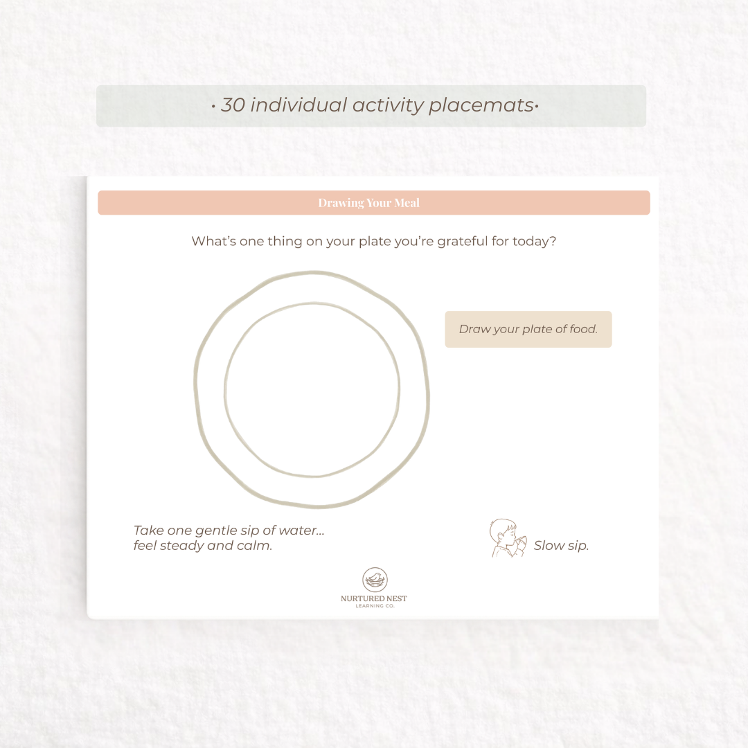 Activity placemat with prompts for gratitude exercise on a white background