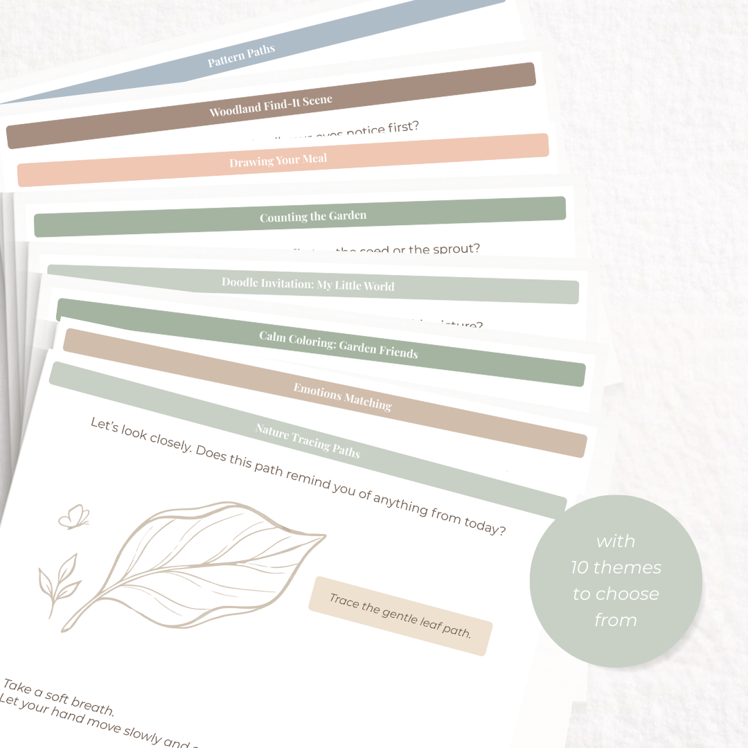 Set of nature-themed activity placemats with text and a leaf illustration on a white background.