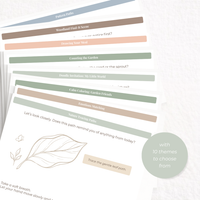 Set of nature-themed activity placemats with text and a leaf illustration on a white background.