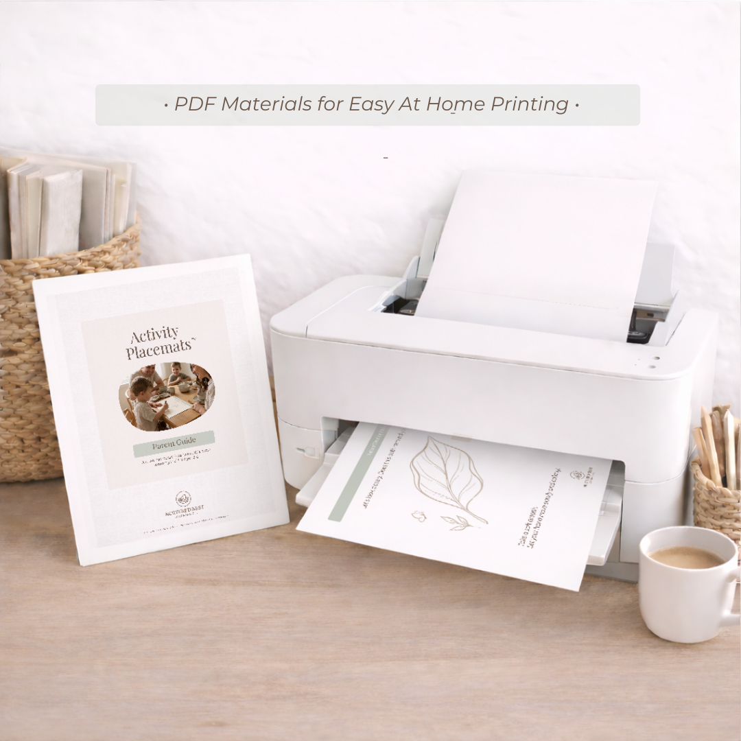 Printer on a desk with printed materials and a cup of coffee, featuring text about PDF materials for easy at-home printing.