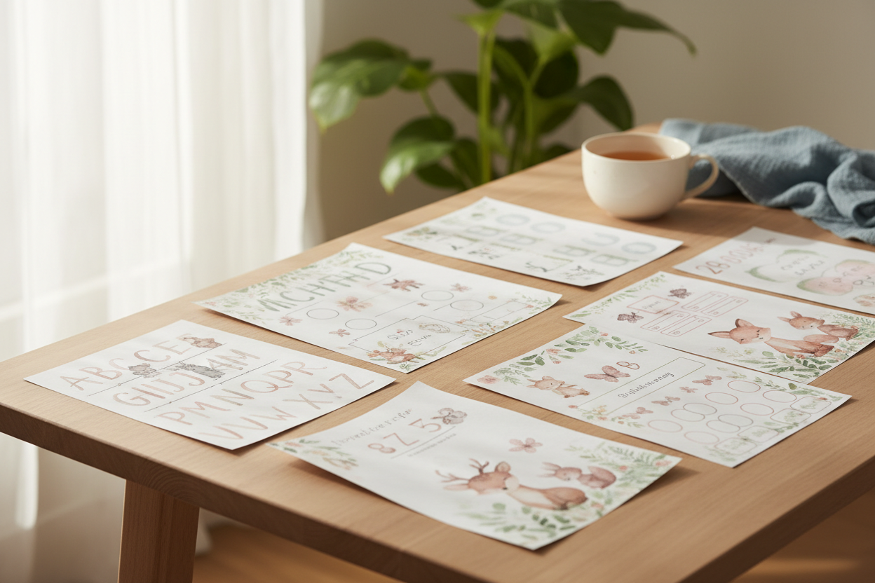 soft watercolor early childhood printables on a wooden table in a calm home environment